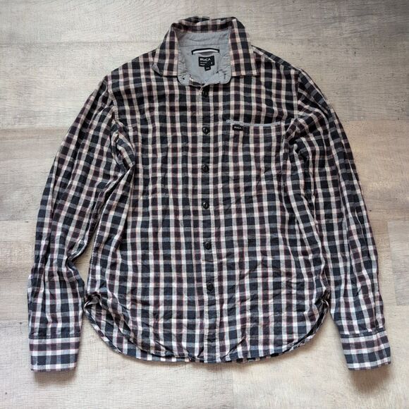 RVCA Shirt Adult S Black Beige Grey Plaid Button Up Long Sleeve Casual Mens - Picture 1 of 6